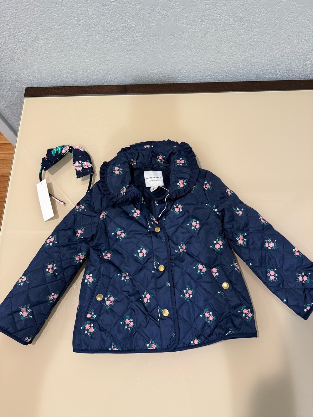NWOT Janie and Jack 2T Navy Floral Quilted Jacket with Headband